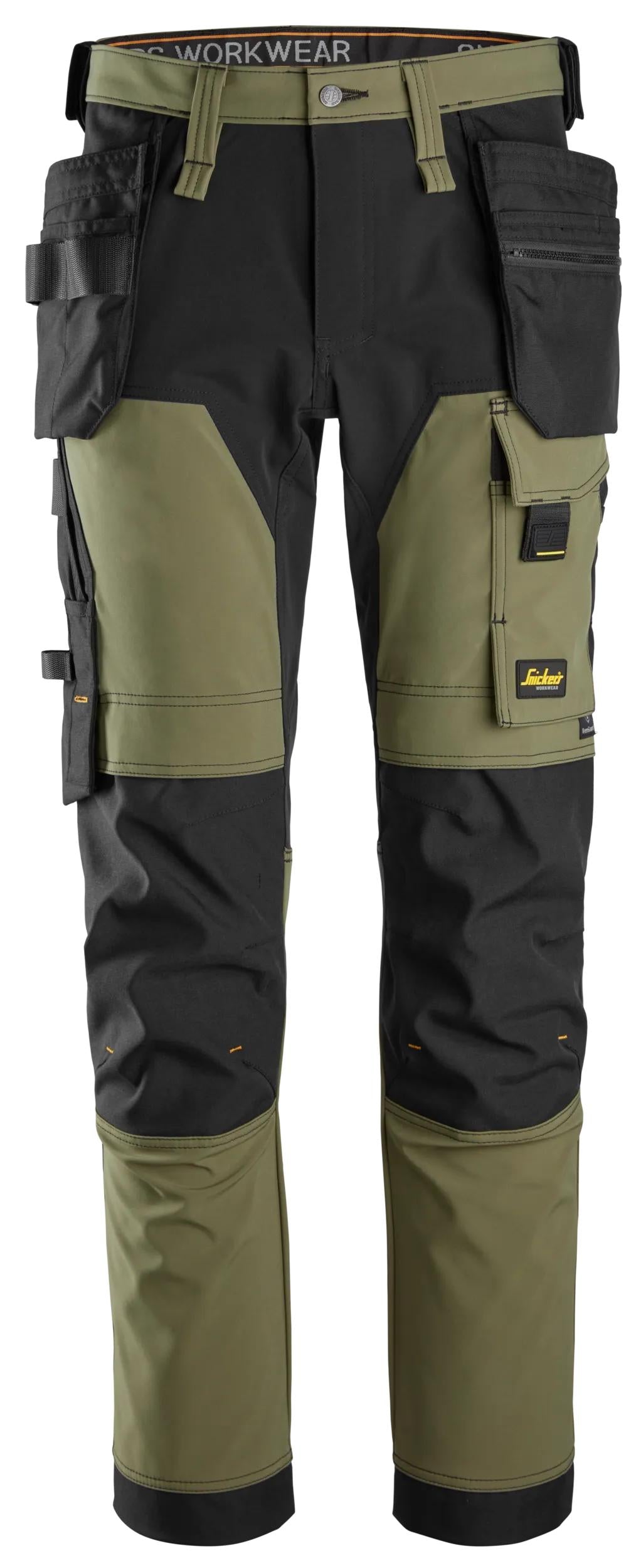Neljään suuntaan joustavat stretch-työhousut riipputaskuilla - Khaki Green/Black