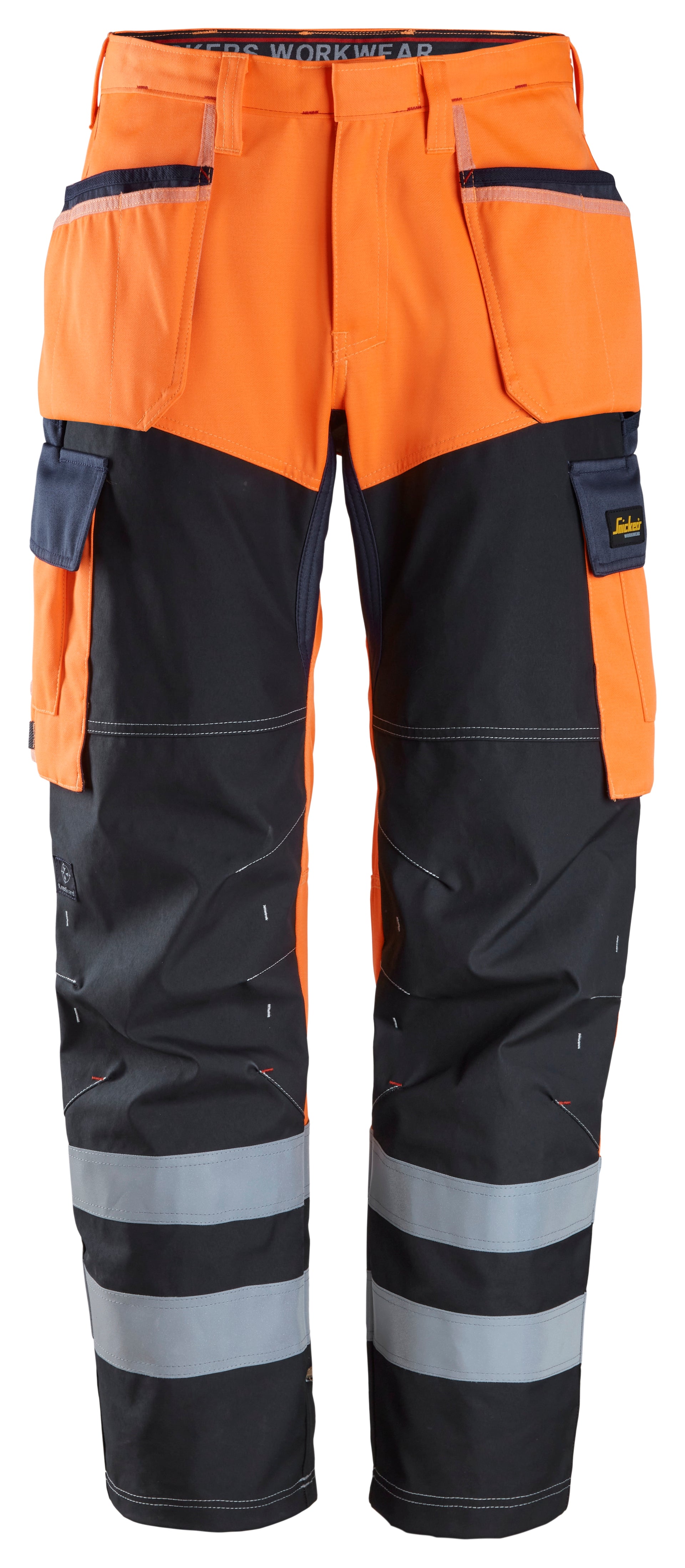 ProtecWork, huomiohousut vahvikkeilla, ja riipputaskuilla, luokka 1 - High Visibility Orange/Navy
