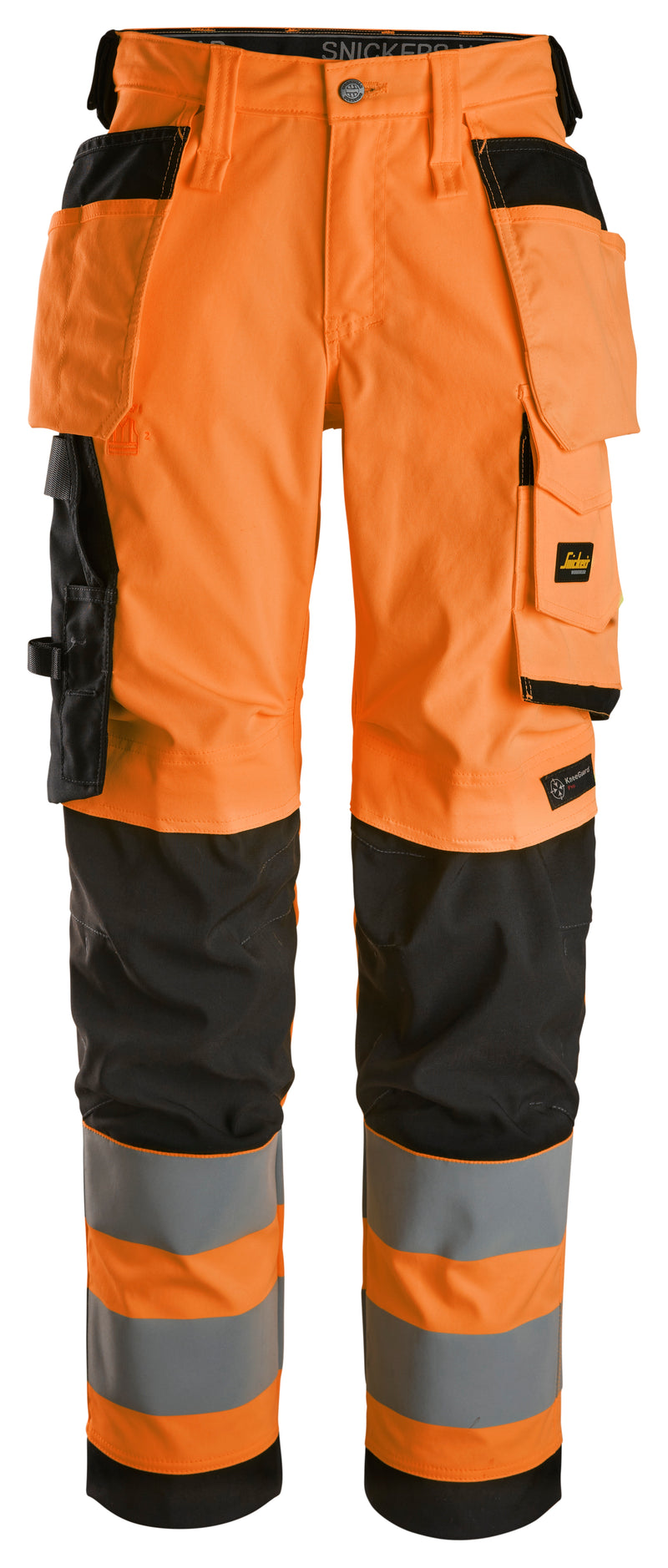 luokka 2, naisten joustavat housut riipputaskuilla - High Visibility Orange/Black