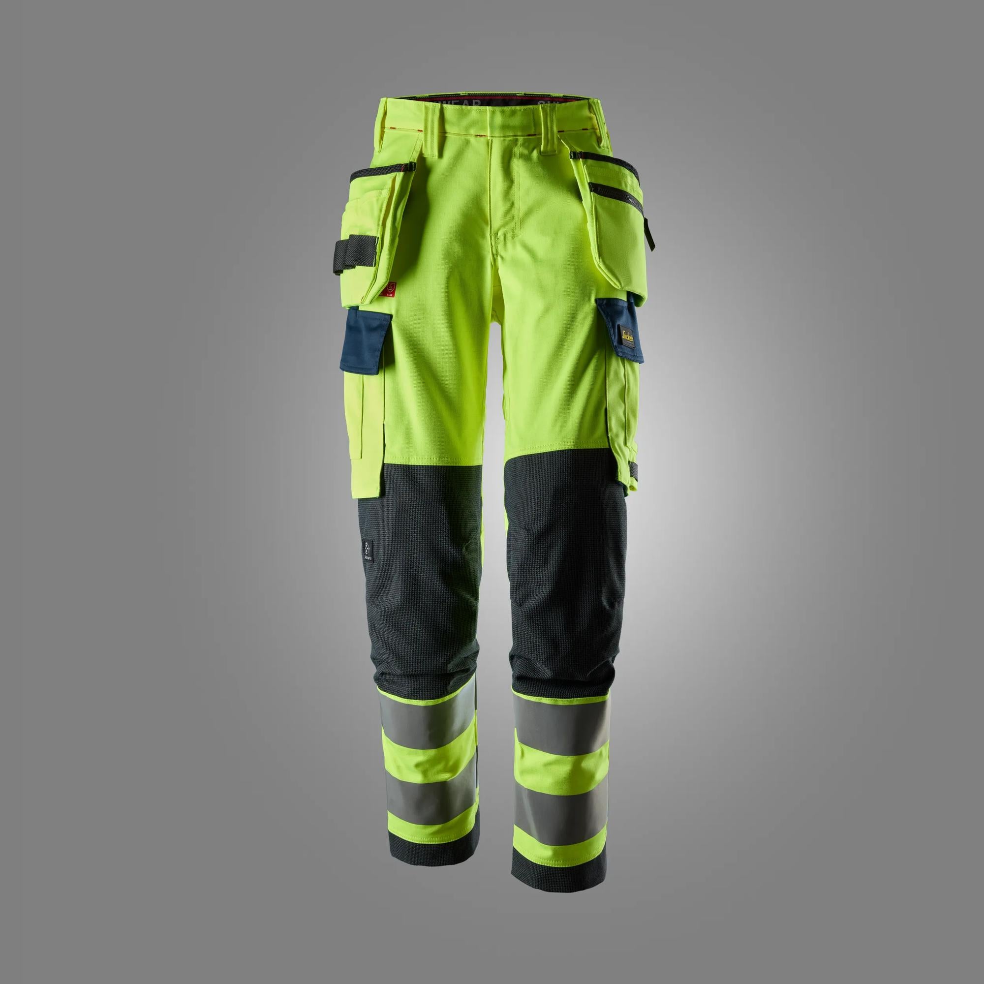 ProtecWork, naisten stretch-huomiotyöhousut riipputaskuilla, luokka 2 - High Visibility Yellow/Navy