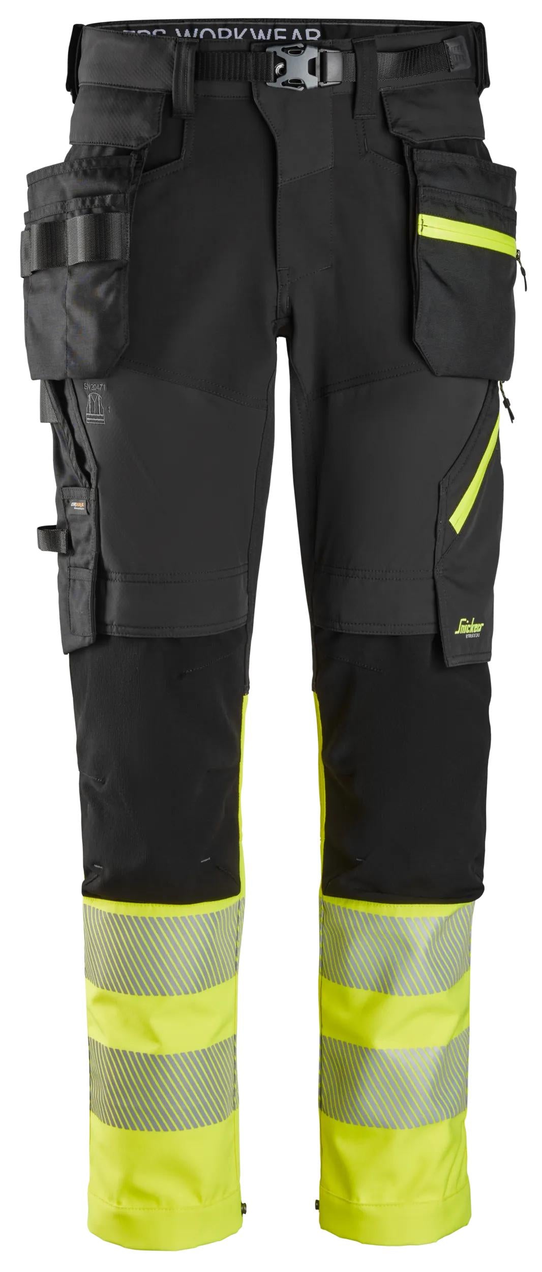 luokka 1, työhousut irrotettavilla riipputaskuilla - Black/High Visibility Yellow